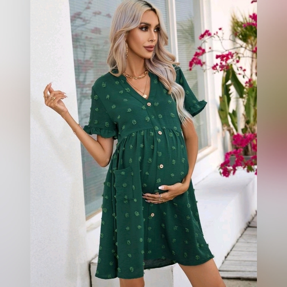 šHost Pick! New! XL green swiss dot ruffle sleeve faux button maternity dress - Picture 2 of 8